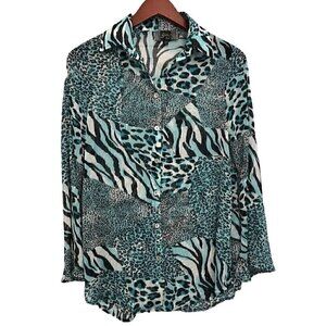Slinky Brand ladies Blue leopard silky top button down Bell Sleeve Sheer SZ S